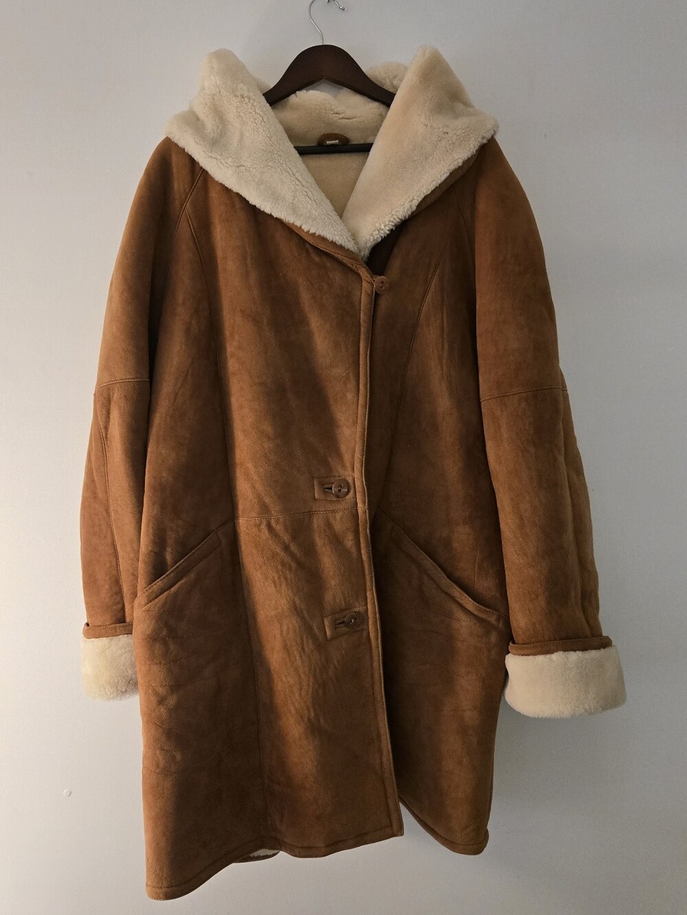 100% Shearling Hooded Suede Coat in Chestnut Brown
